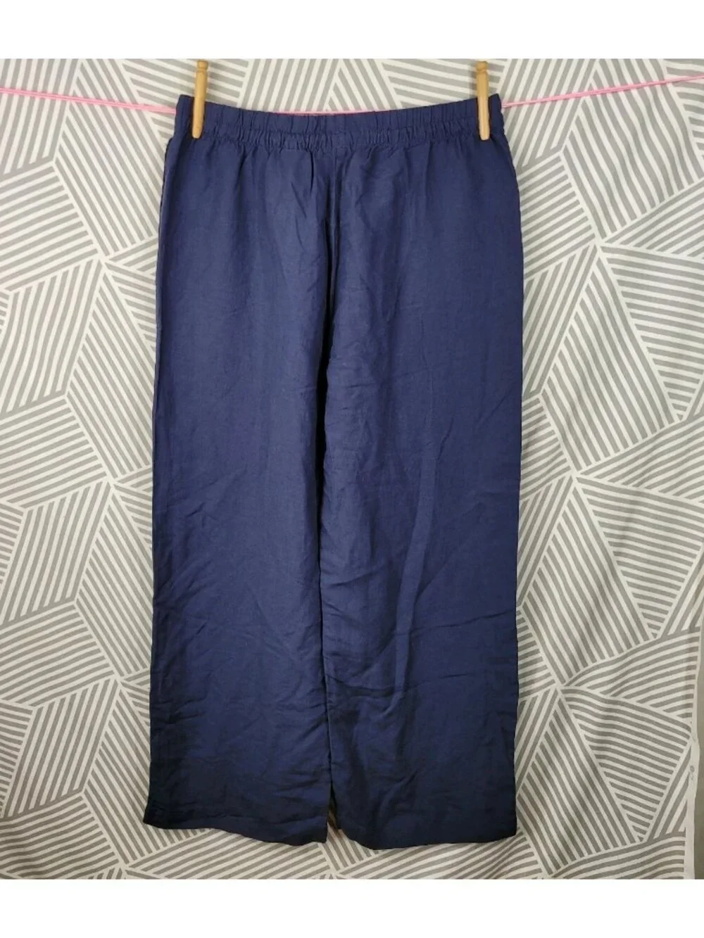 NEW H&M Blue Linen Wide-Leg Pants Large Drawstring Elastic Waist Navy Pull On